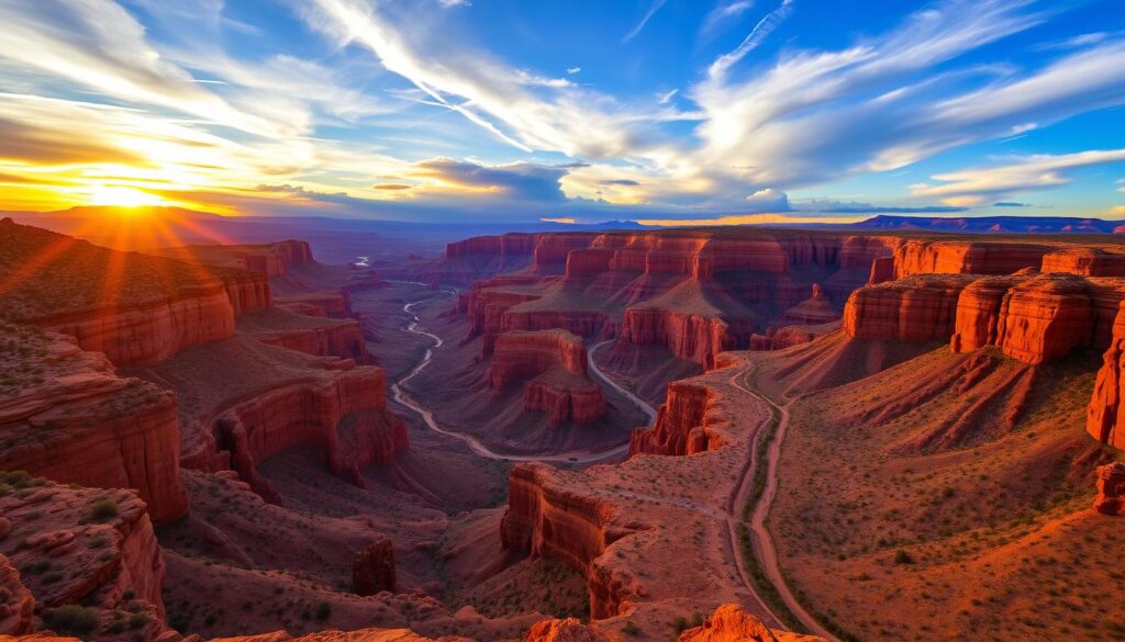 Experience the Outdoor Fun: Why ATV Rentals Are a Must in Arizona 2 Breathtaking Arizona canyon scenery at sunset, vibrant red rock formations, winding trails, expansive blue sky with dramatic clouds, the golden glow of the sun illuminating the canyon walls, rugged terrain ideal for ATV adventures.