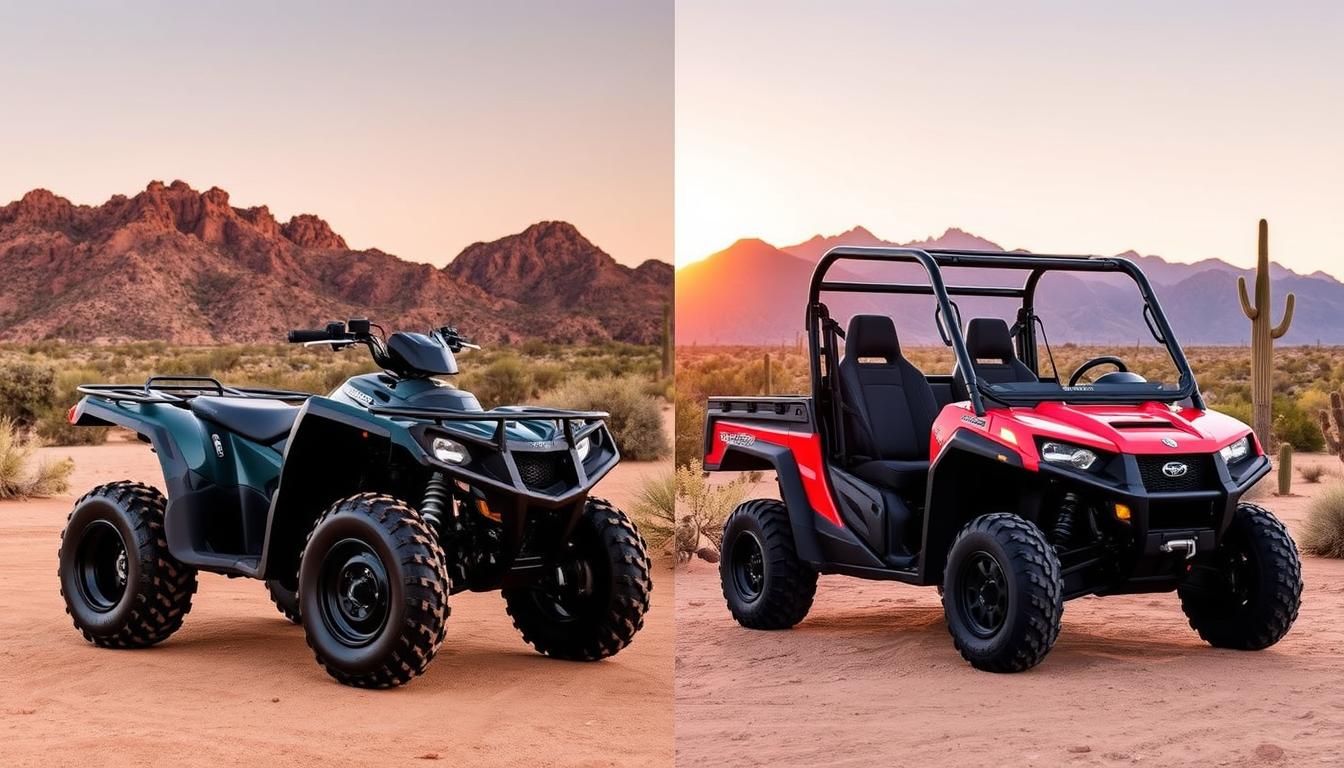 Side-by-side comparison of an ATV and a UTV in a desert landscape, highlighting their distinct sizes=