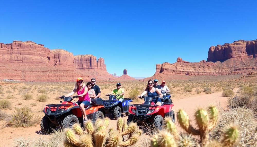 An exhilarating ATV adventure through the vibrant Sonoran Desert, showcasing rugged terrain, golden sand dunes, cacti, and rocky formations under a bright blue sky, capturing the spirit of family fun and outdoor excitement.