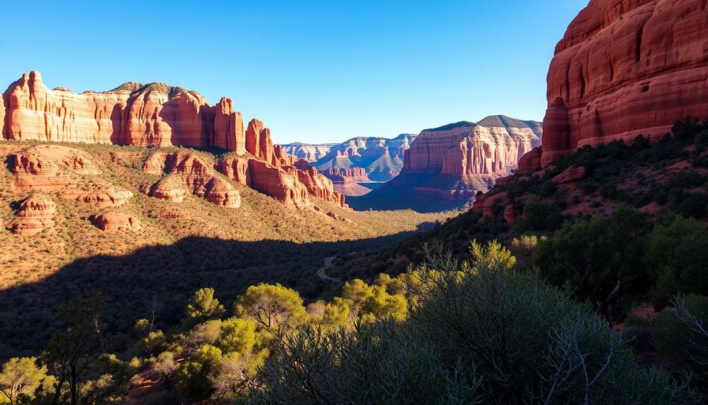 Scenic view of Sedona’s iconic red rock formations, showcasing vibrant red and orange cliffs under a clear blue sky, surrounded by lush green vegetation, with warm sunlight casting dramatic shadows, capturing the essence of adventure and natural beauty.