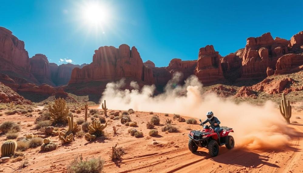 Vibrant red rock formations under a bright blue sky, an exhilarating ATV winding through rugged terrain, dust clouds rising, expansive desert landscape with cacti and unique geological structures, warm sunlight casting dramatic shadows, capturing the spirit of adventure in Arizona.