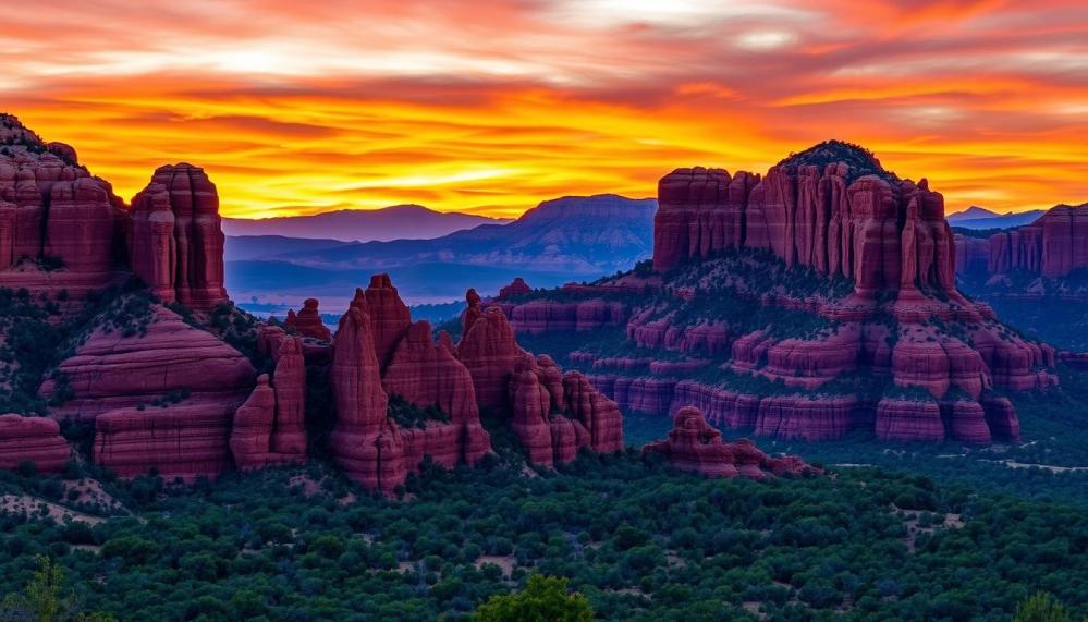 Majestic red rock formations under a vibrant sunset sky, showcasing intricate textures and deep shadows, surrounded by lush green vegetation, evoking the breathtaking beauty of Sedona's landscape.