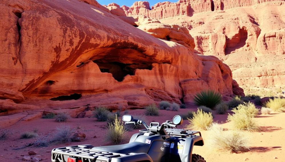 Ancient Native American petroglyphs carved into rugged rock formations, set against a backdrop of vibrant red desert landscape, warm sunlight casting shadows, with an ATV in the foreground, showcasing the adventurous spirit of a guided tour.