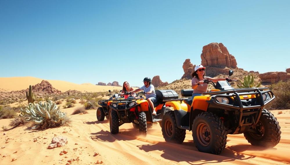 An exhilarating ATV adventure through the vibrant Sonoran Desert, showcasing rugged terrain, golden sand dunes, cacti, and rocky formations under a bright blue sky, capturing the spirit of family fun and outdoor excitement.