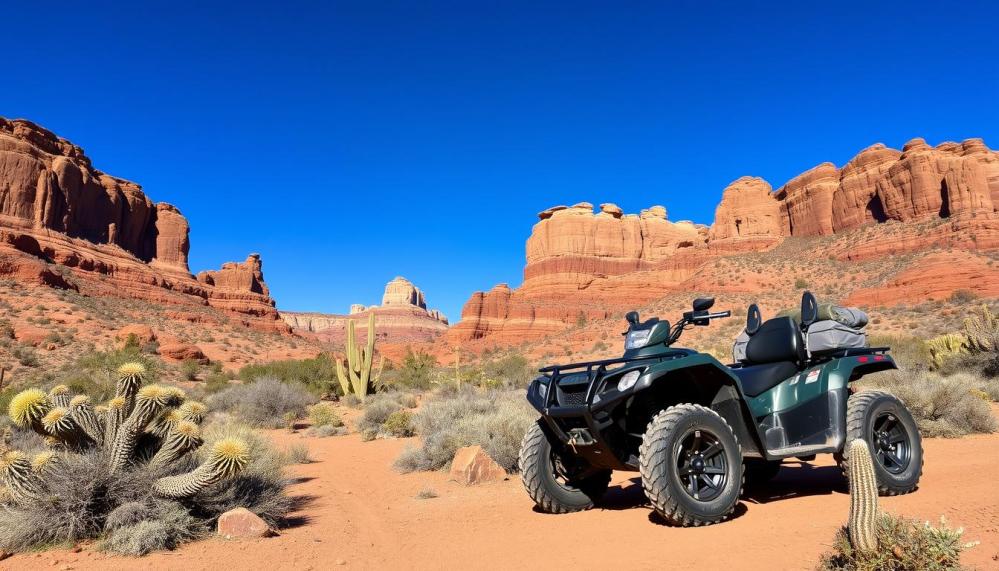 A rugged Arizona landscape featuring an ATV parked on a dirt trail, surrounded by vibrant red rock formations, cacti, and a clear blue sky, showcasing the thrill of outdoor adventure.