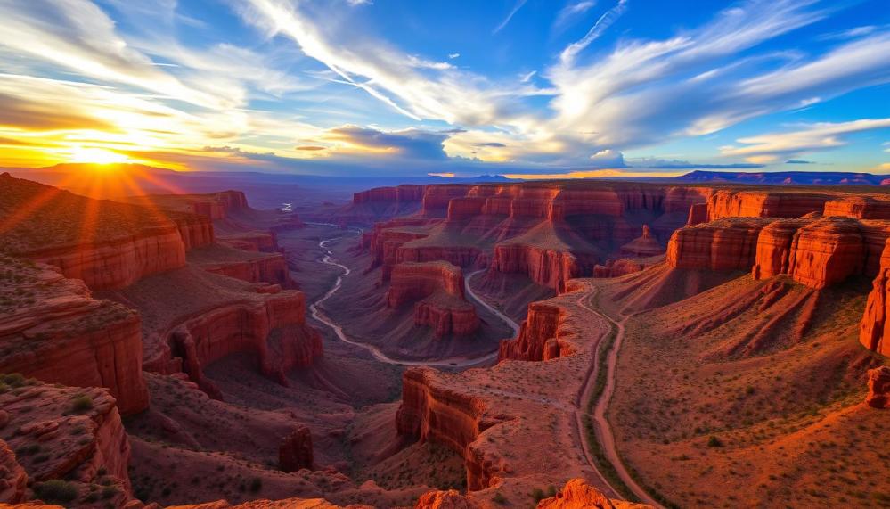 Breathtaking Arizona canyon scenery at sunset, vibrant red rock formations, winding trails, expansive blue sky with dramatic clouds, the golden glow of the sun illuminating the canyon walls, rugged terrain ideal for ATV adventures.