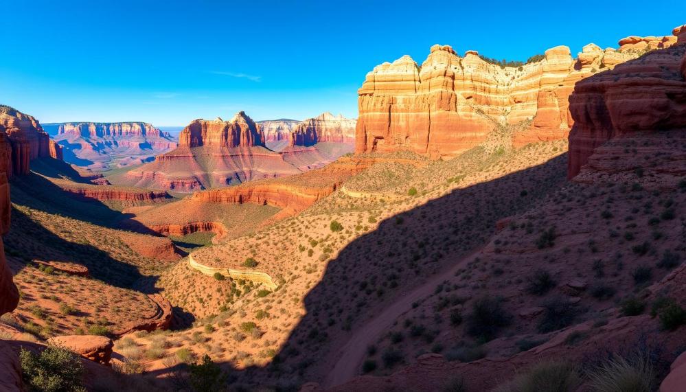 Expansive view of Sedona's rugged canyons, showcasing red rock formations, winding trails, and dramatic shadows under a bright blue sky, with scattered desert vegetation enhancing the wild landscape.