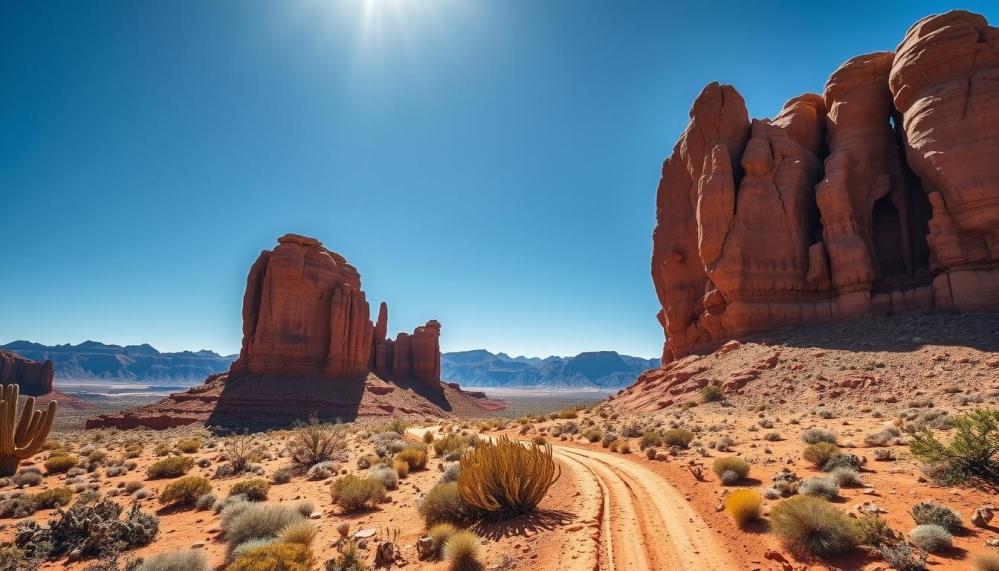 Vibrant red rock formations under a clear blue sky, rugged ATV tracks winding through desert landscape, cacti and sagebrush dotting the terrain, distant mountains creating a stunning backdrop, warm sunlight casting dramatic shadows across the rocks.