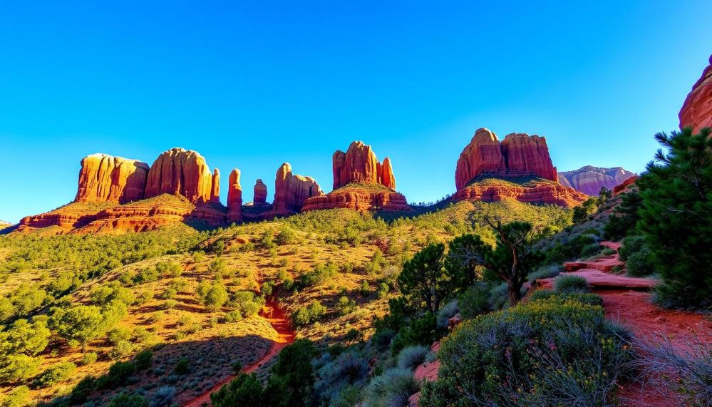 Vibrant landscape of Sedona's red rock wilderness, showcasing towering red sandstone formations, lush green vegetation, and a clear blue sky, with rugged trails winding through the terrain, sunlight illuminating the rocks in warm hues, capturing the essence of adventure and exploration.